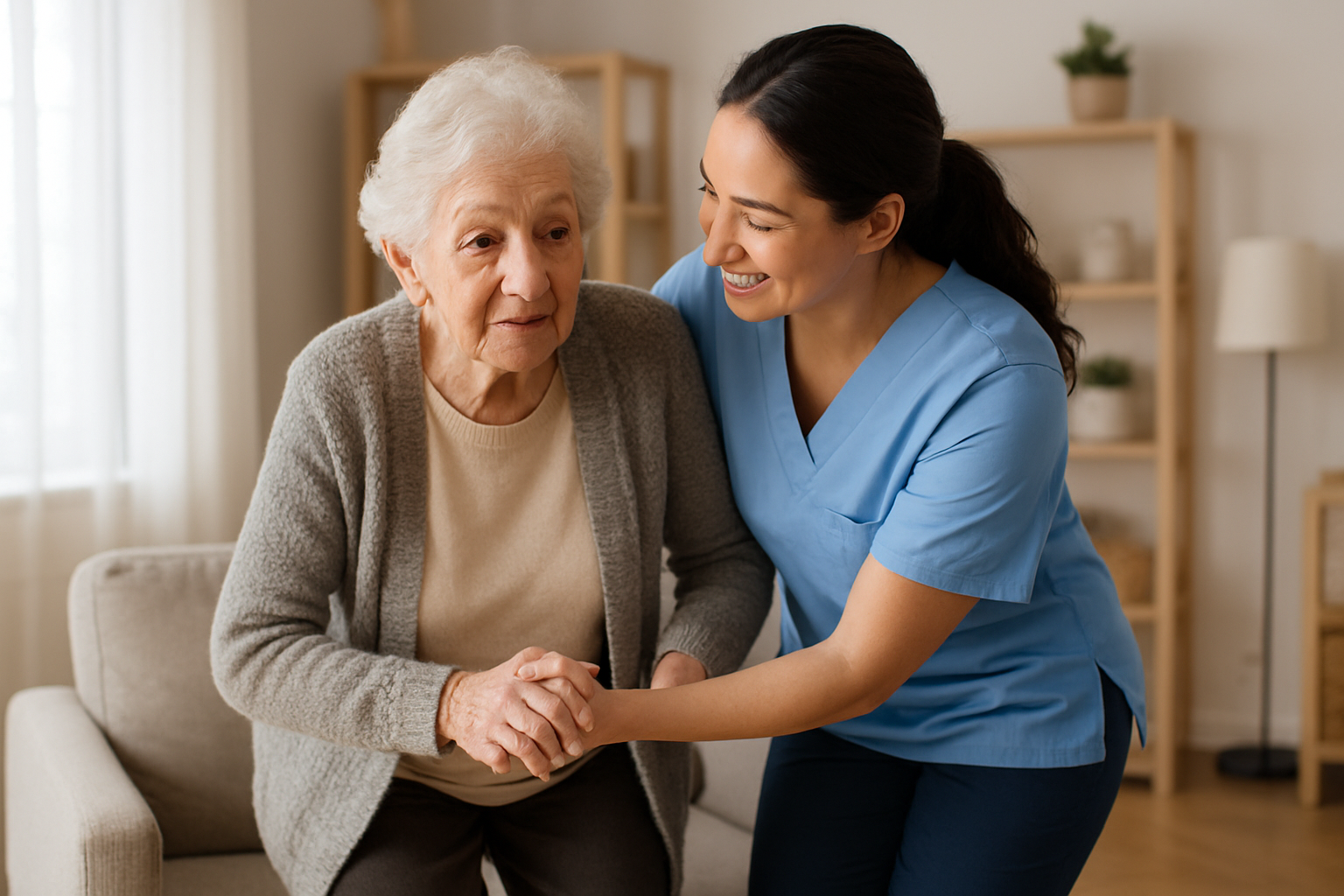 Caregiver assisting elderly woman at home